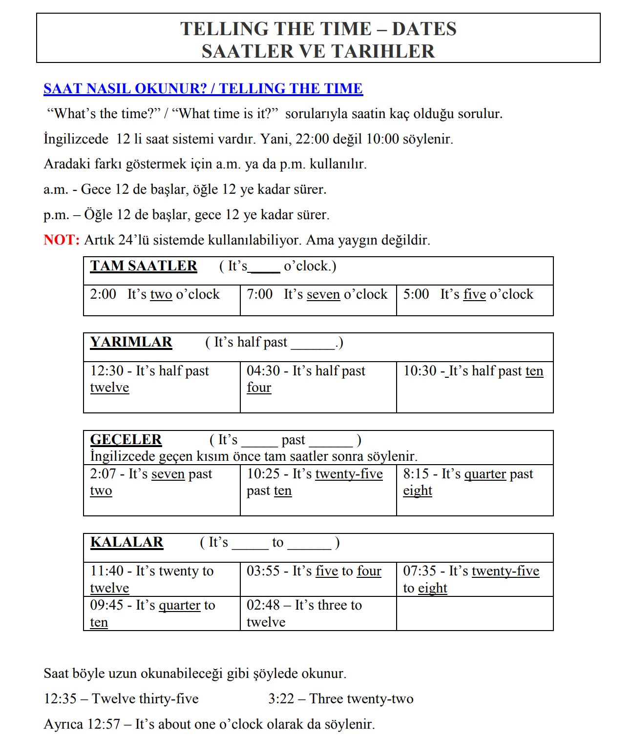  Telling  the Time Saatler Dates  Tarihler Global Enstit 